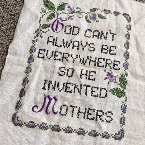 Vintage Embroidered God Invented Mothers Sampler Folk Art Primitive Handmade 80s - Picture 3 of 10